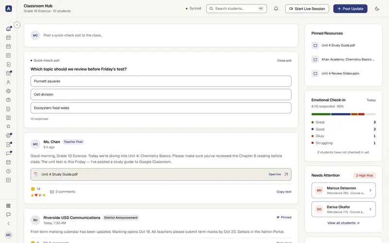 Assembly classroom hub: a teacher's class feed, pinned resources and students who need attention.