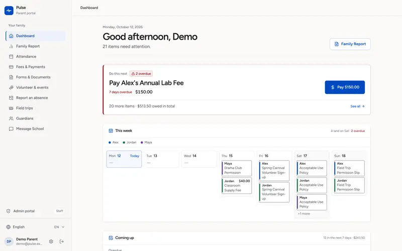 Pulse family dashboard: the next payment due, and this week's forms and events across three children.